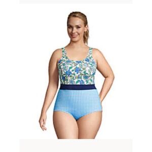 NEW Lands' End Floral/Gingham Scoop Neck Soft Cup One Piece Swimsuit, Women 22W